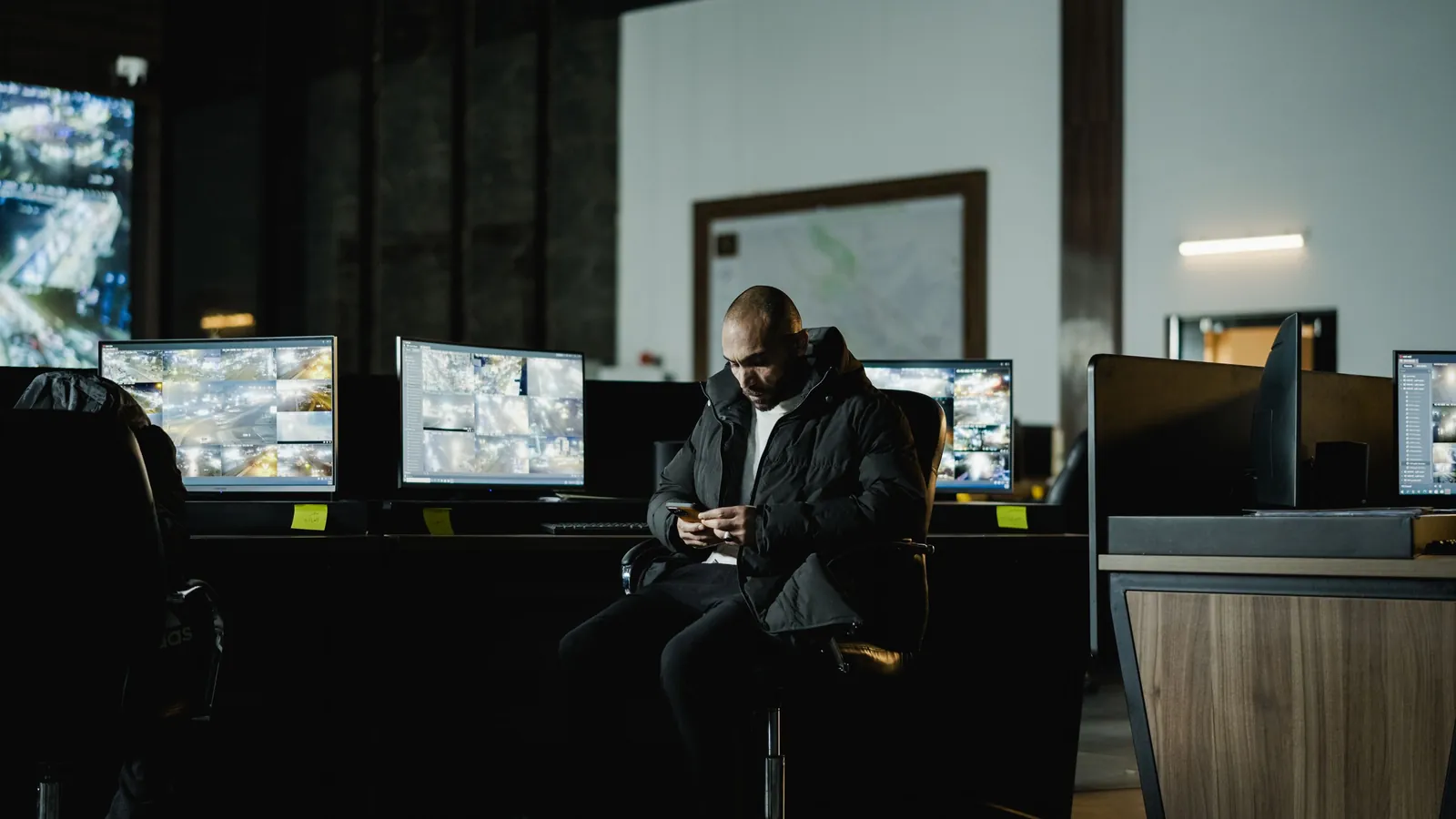 A security officer alone in a dim control room facing a wall of surveillance monitors