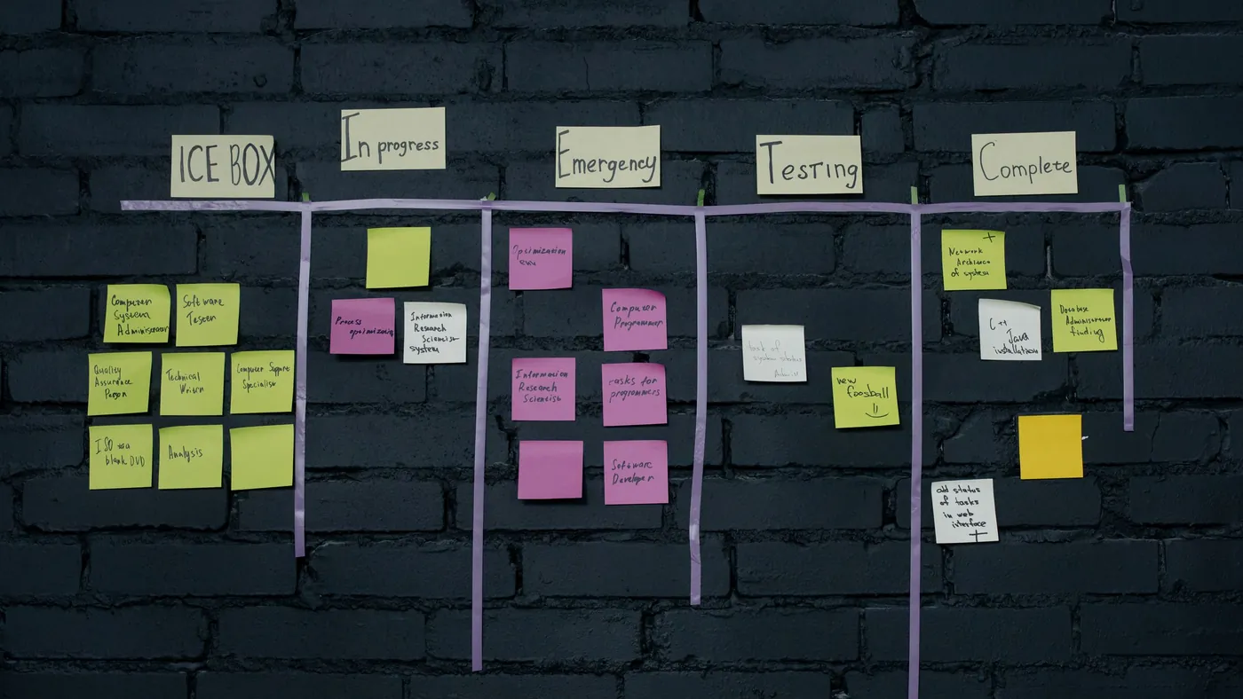 A board of sticky notes on a dark brick wall, sorted into columns from ice box to complete