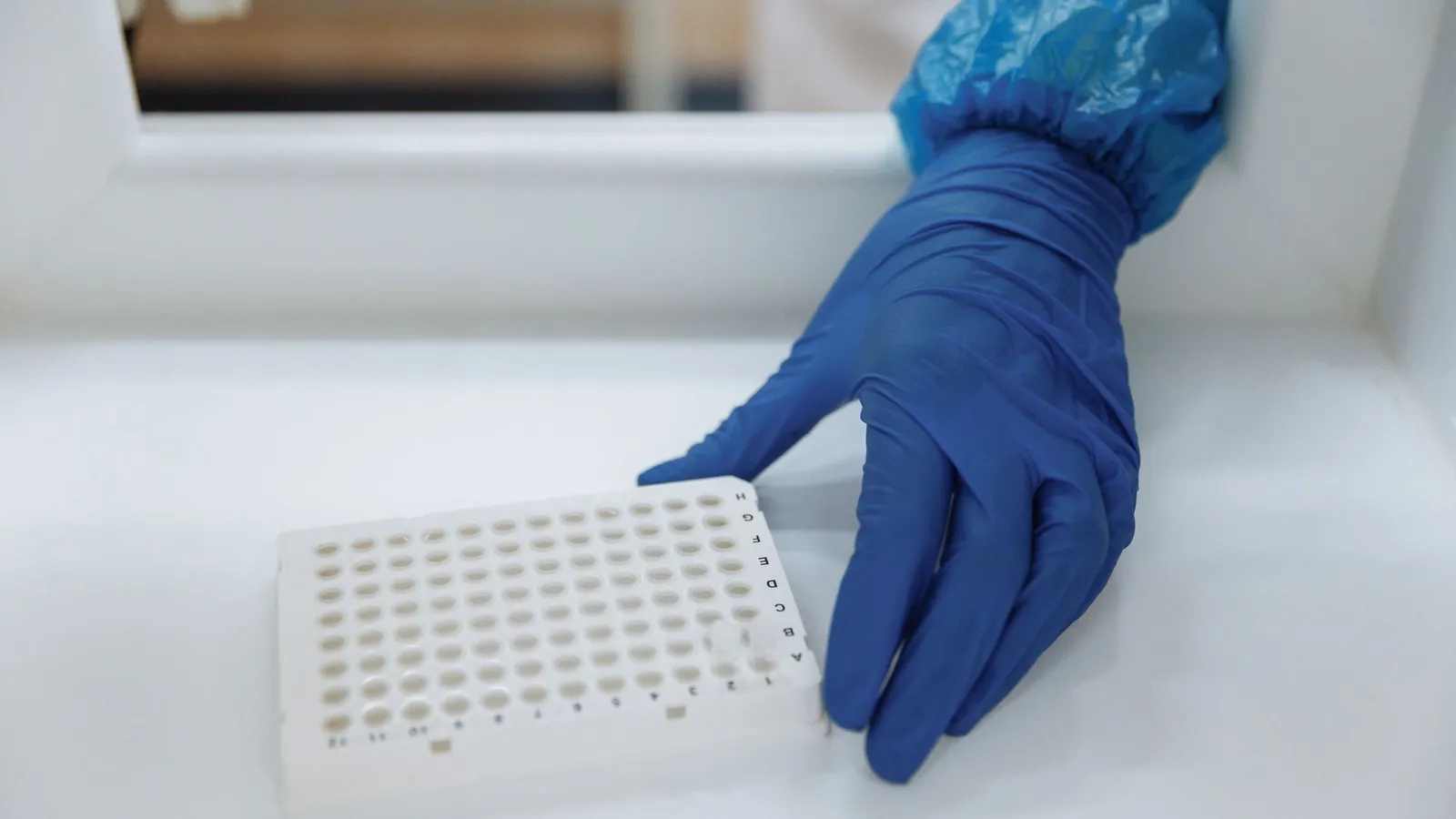 A laboratory worker in a rubber glove holding a sample container in a sterile lab