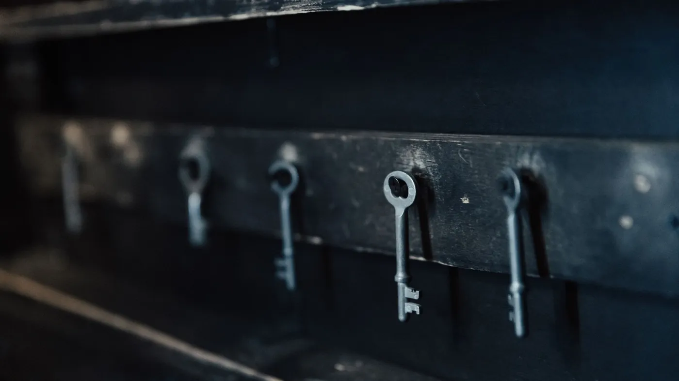 A row of old skeleton keys hanging side by side on a dark wall