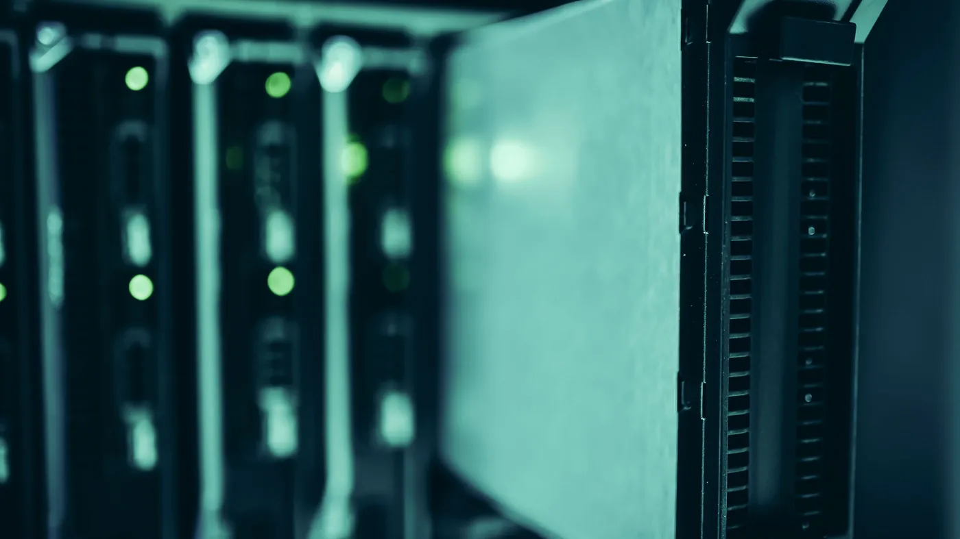 Close-up of server racks with active equipment in a data center