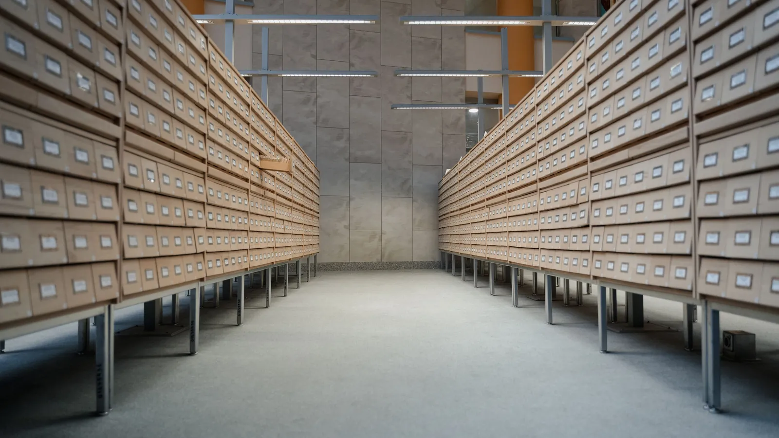 Rows of wooden card index drawers filling a long archive room