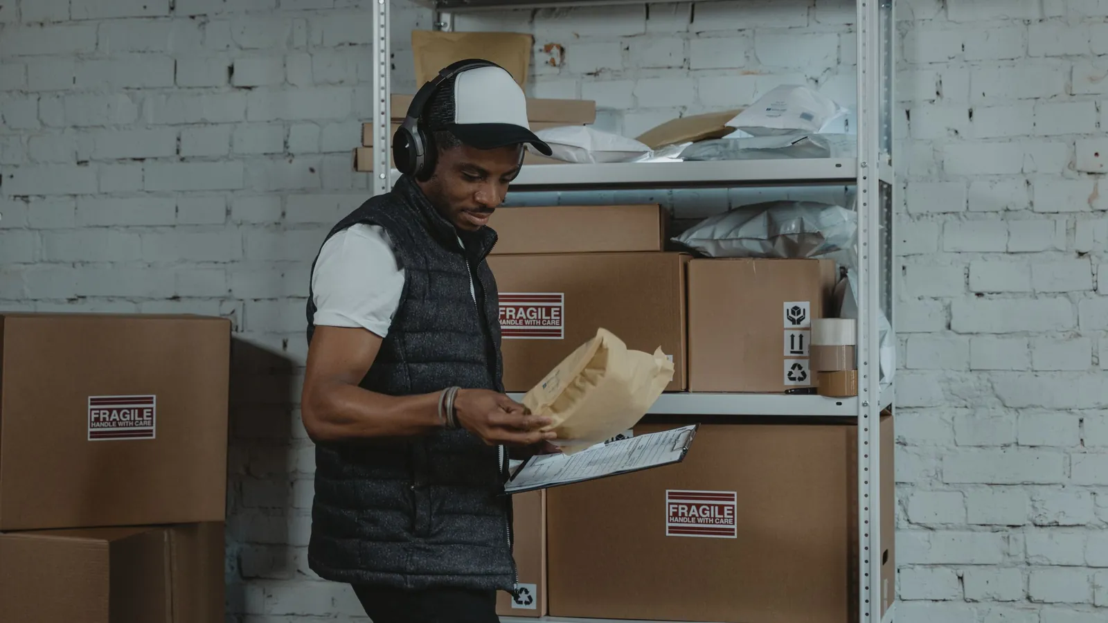 A warehouse worker examining a parcel before sorting it into the right lane